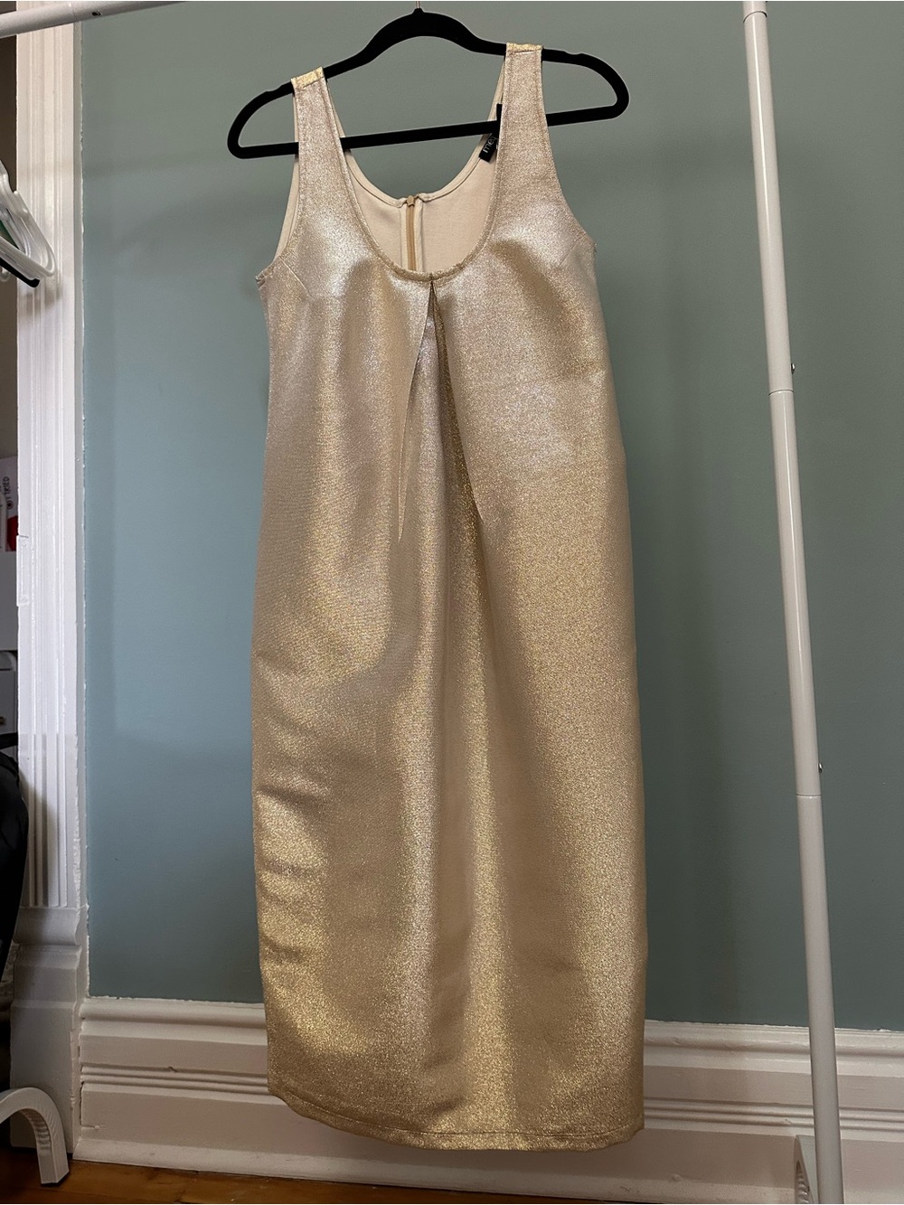 Shimmery Champagne Midi Shift Dress - Sleeveless Evening Dress